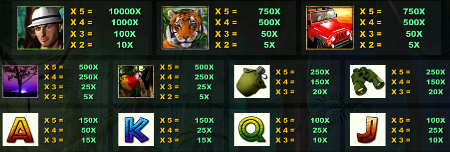Výplaty jednotlivých symbolů u automatu The Jungle II 